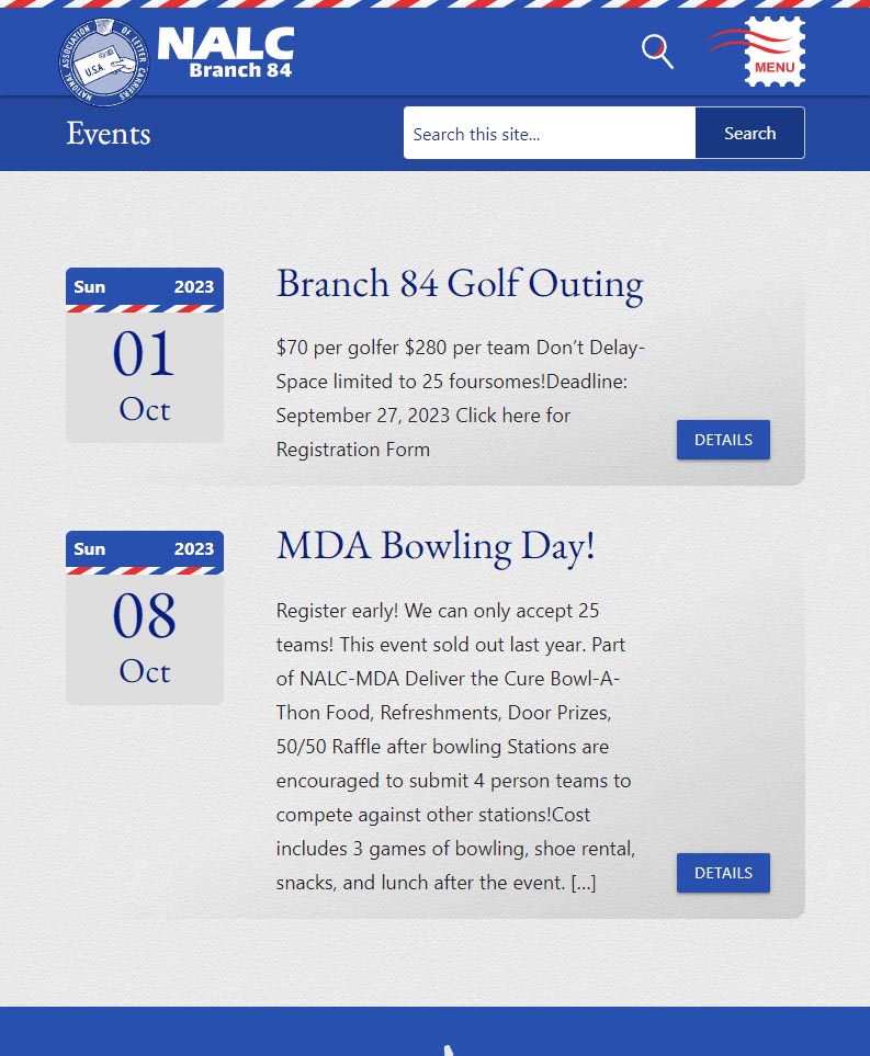 Mobile screenshot of the events page