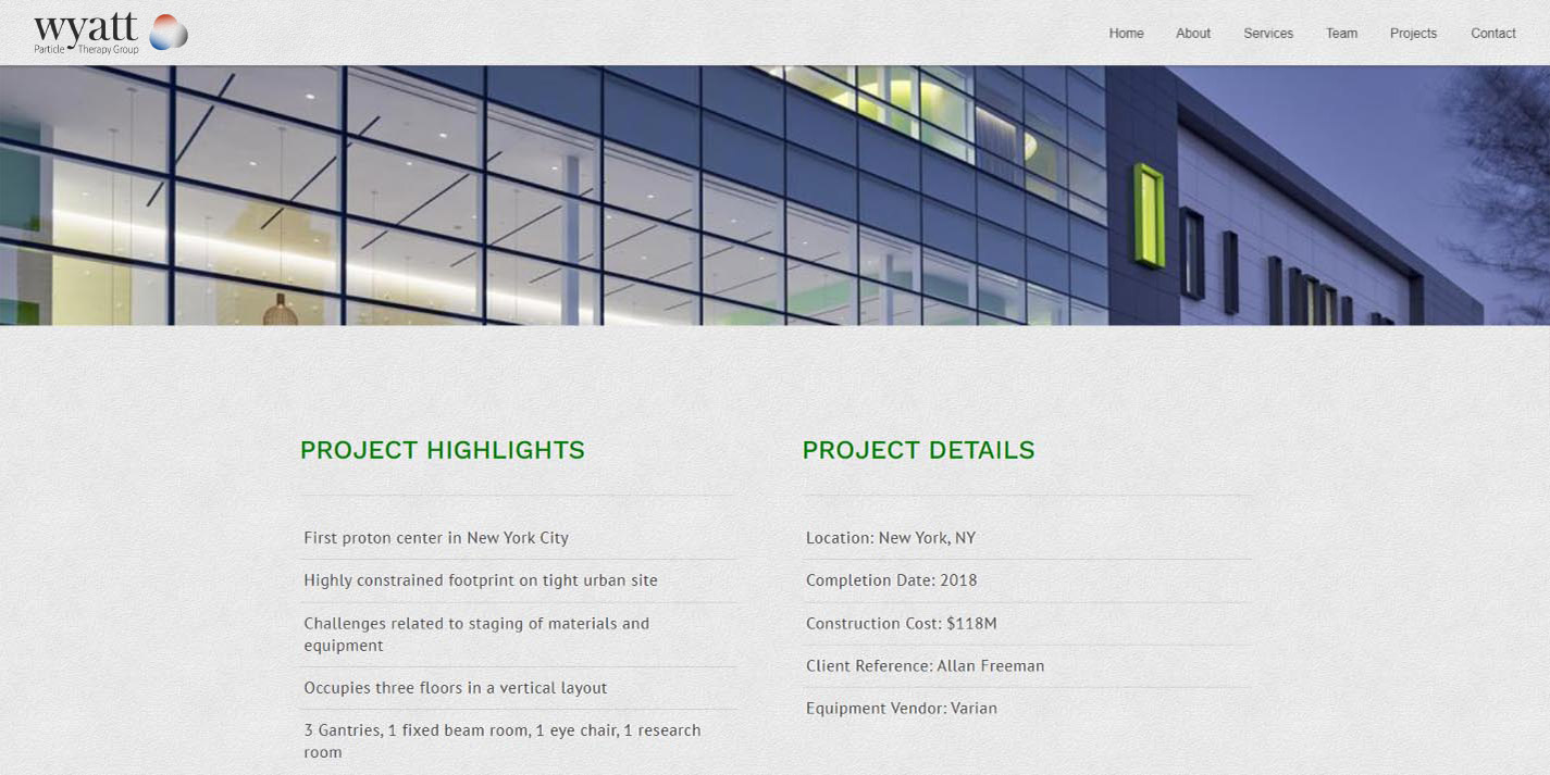 Screenshot of the New York Proton Center project highlights and details section