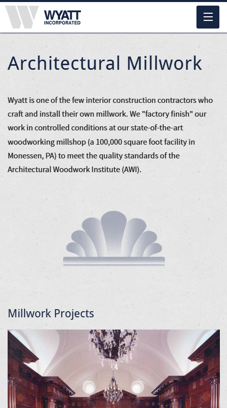 Mobile screenshot of the Architctural Millwork