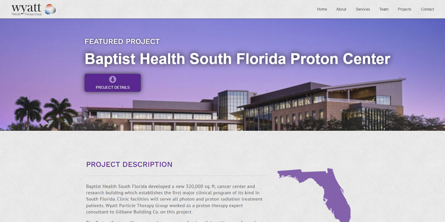 Full-width screenshot of the Baptist Health South Florida Proton Center project page