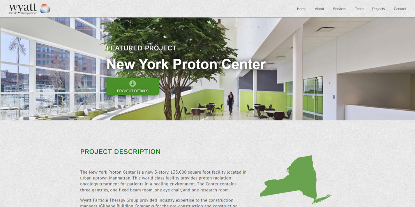 Full-width screenshot of the New York Proton Center project page