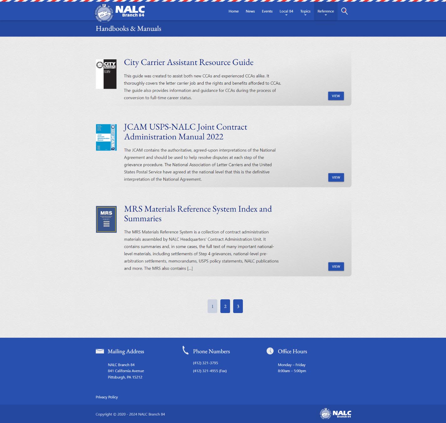 Wide desktop view of the handbooks and manuals page