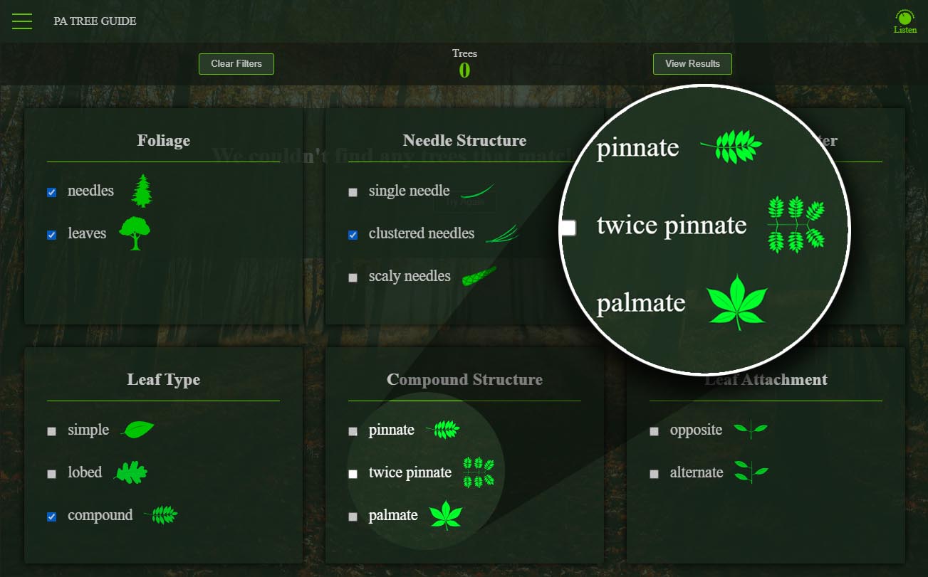 Screenshot of tree selection dashboard with magnified view of graphic icons